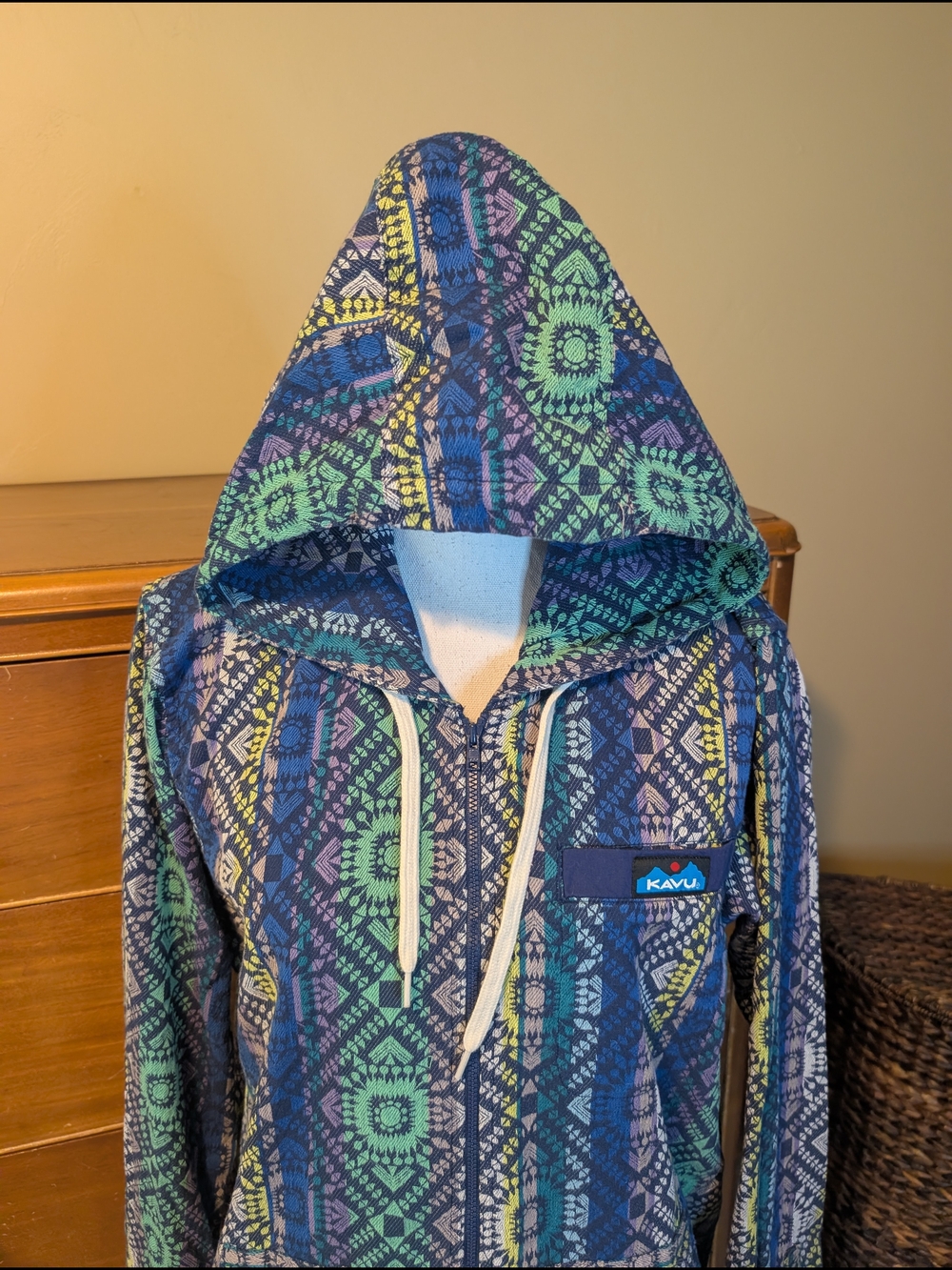 Kavu Outdoor Wear Patterned Blue-Green Hooded Zip-Up Long Length Sweatshirt XL - Picture 3 of 13
